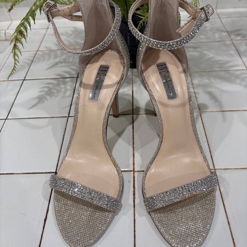 Inc. Silver Diamante Ankle Strap Tall Sandals